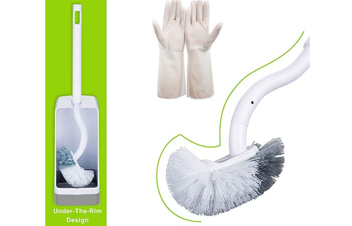 Toilet bowl cleaning brush and gloves