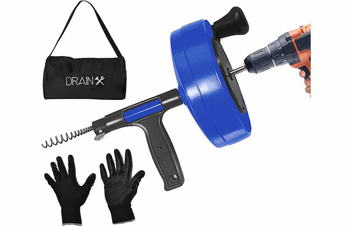 Drum Plumbing Snake Kit with Drill Attachment, bag and gloves